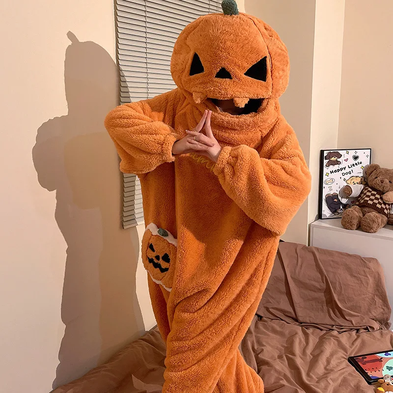 Women Cartoon Onesie Pajamas Hooded Coral Fleece Thicken Sleepwear Winter Warm Homewear Halloween Nightwear Party Loungewear