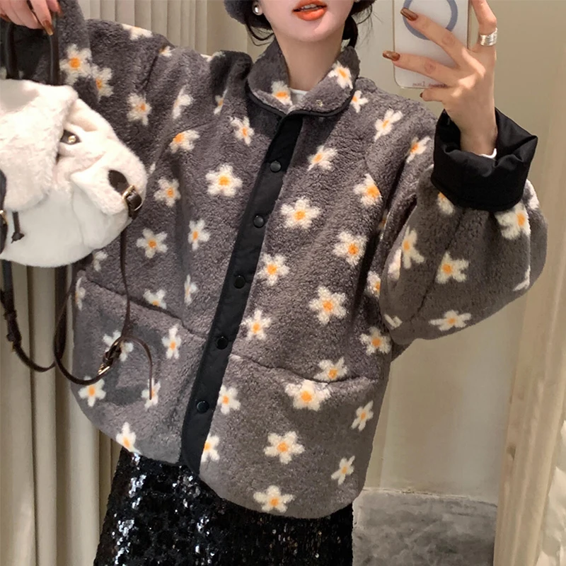 MEXZT Floral Lamb Wool Coat Women Vintage Long Sleeve Fluffy Jacket Winter Harajuku Korean Cutecore Pockets Furry Outerwears New