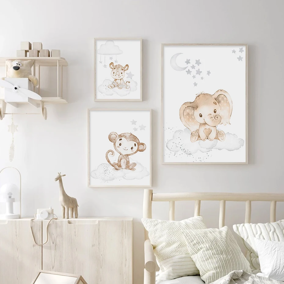 Cartoon Lion Elephant African Animals Clouds Nursery Poster Print Canvas Painting Beige Wall Art Picture Baby Bedroom Home Decor