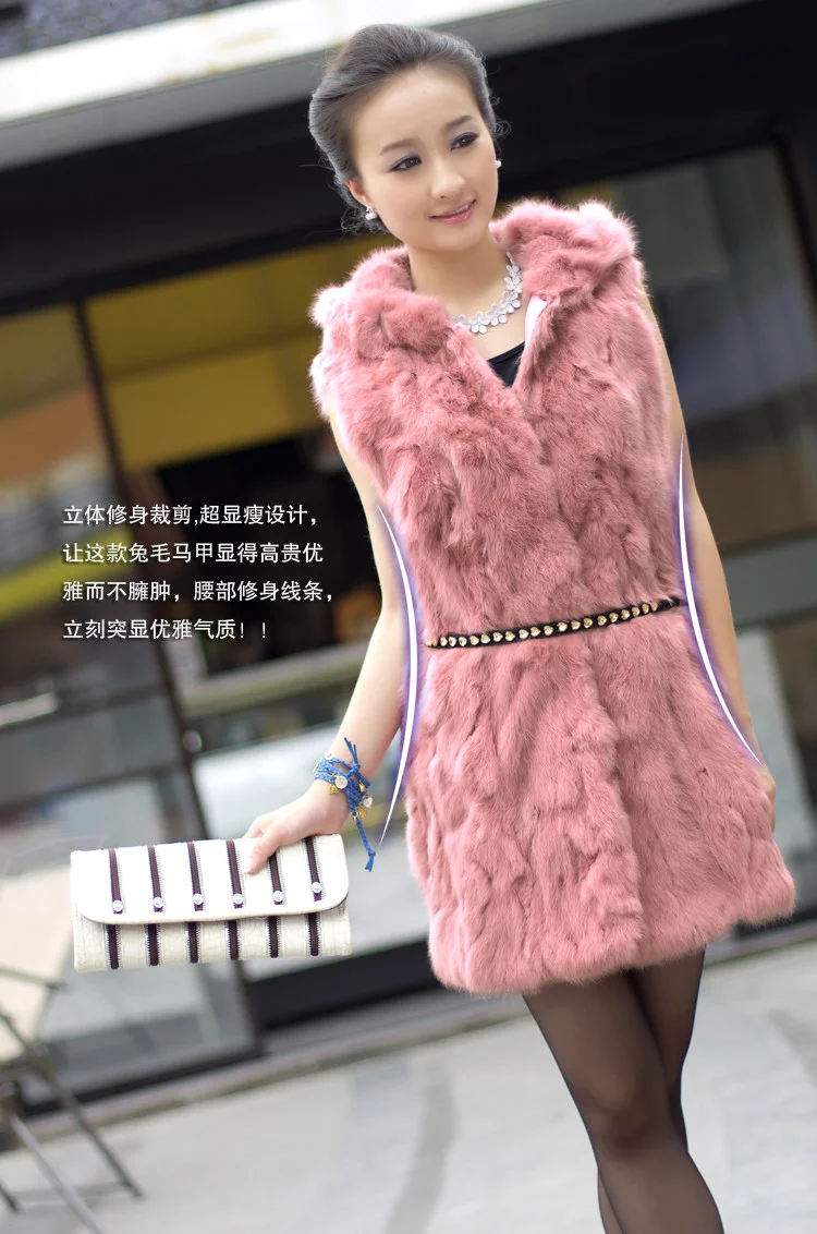 NEW Genuine Real Natural Rabbit Fur Vest With Hood Winter Women's Jacket X-long With Belt Custom Any Size Free Shipping Z1