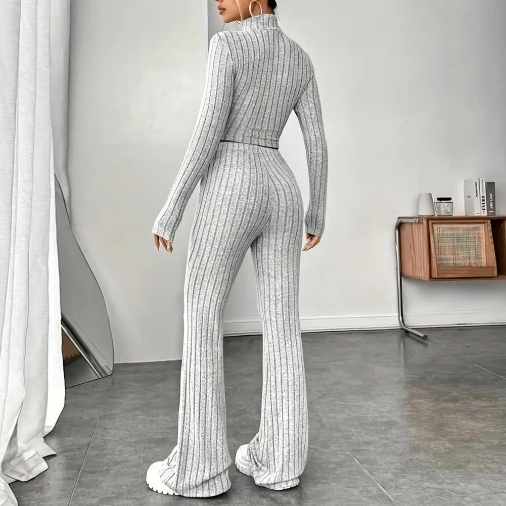 Casual Two-piece Suit Women Knitted Cropped Sweater Wide Leg Pants Set Women Suit Stand Collar Navel T-shirt And Trumpet Pants