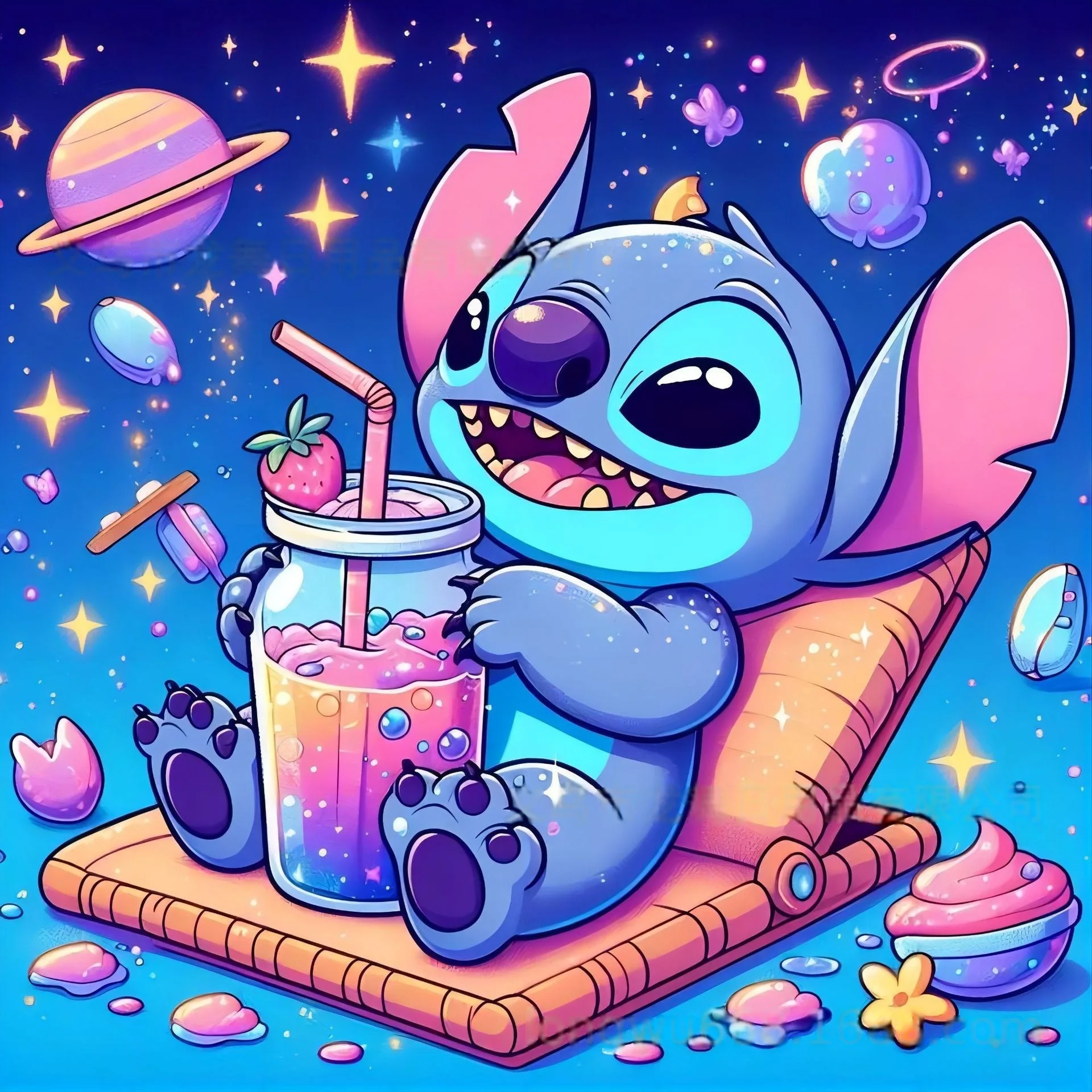 5D Full Round Drill Diamond Painting Kit Cute Blue Alien Hold Glitter Pink Heart Floral Star Background Cartoon Mosaic Rhineston