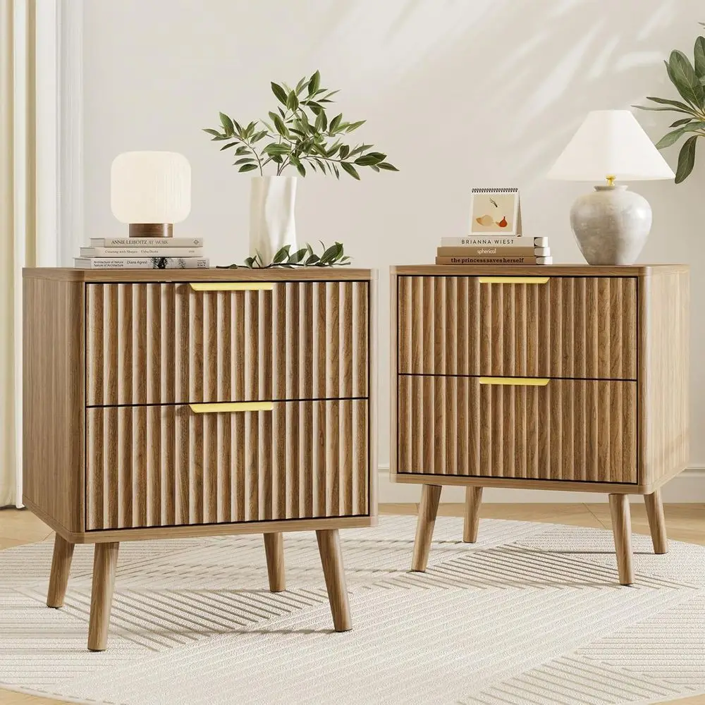 

Комплект из 2 прикроватных тумбочек: с глубокими ящиками, изогнутым дизайном, деревянные приставные столики для спальни или офиса (цвет орех)