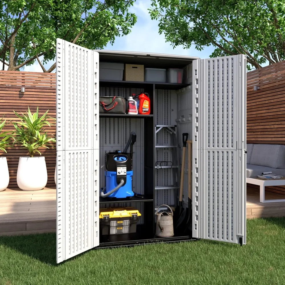 Outdoor Storage Cabinet Waterproof,Outdoor Storage Sheds with Floor, Double-Layer Storage Shed for Patios/Long-Handled Tools
