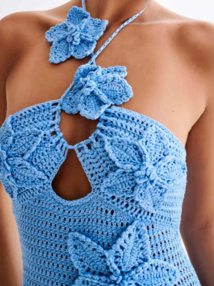 Women Sexy Flower Crochet Hook Hollow Out Halter Slim Dress Elegant Solid Backless Off Shoulder Dresses lady Beach Robe New 2024