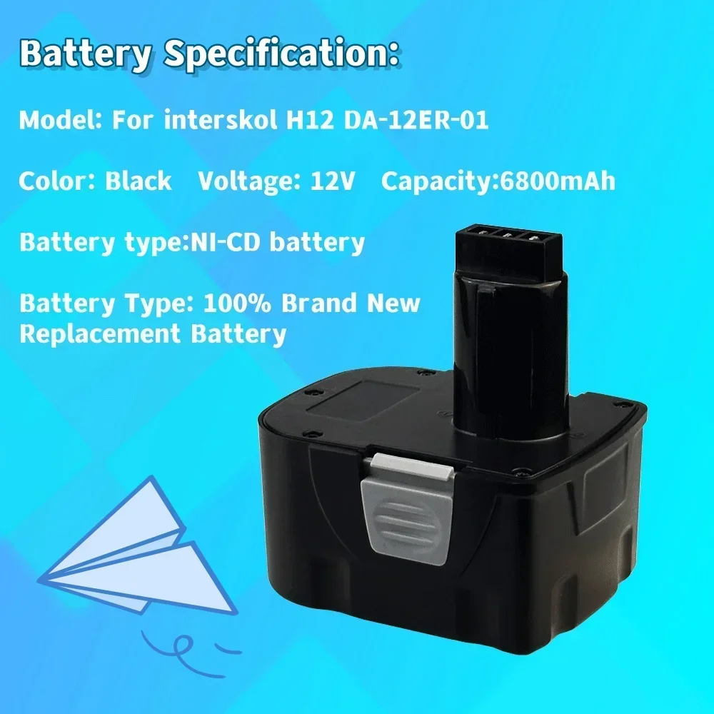 12V 6800mAh Ni-CD Power Tool Battery For Interskol H18 Replacement Cordless Drill Battery