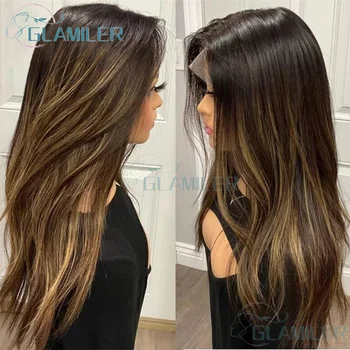 하이라이트 브라운 금발 100% 인간의 머리 가발 13x6 투명 레이스 정면 가발 Pre 뽑은 Glueless 13x4 바디 웨이브 레이스 프론트 가발