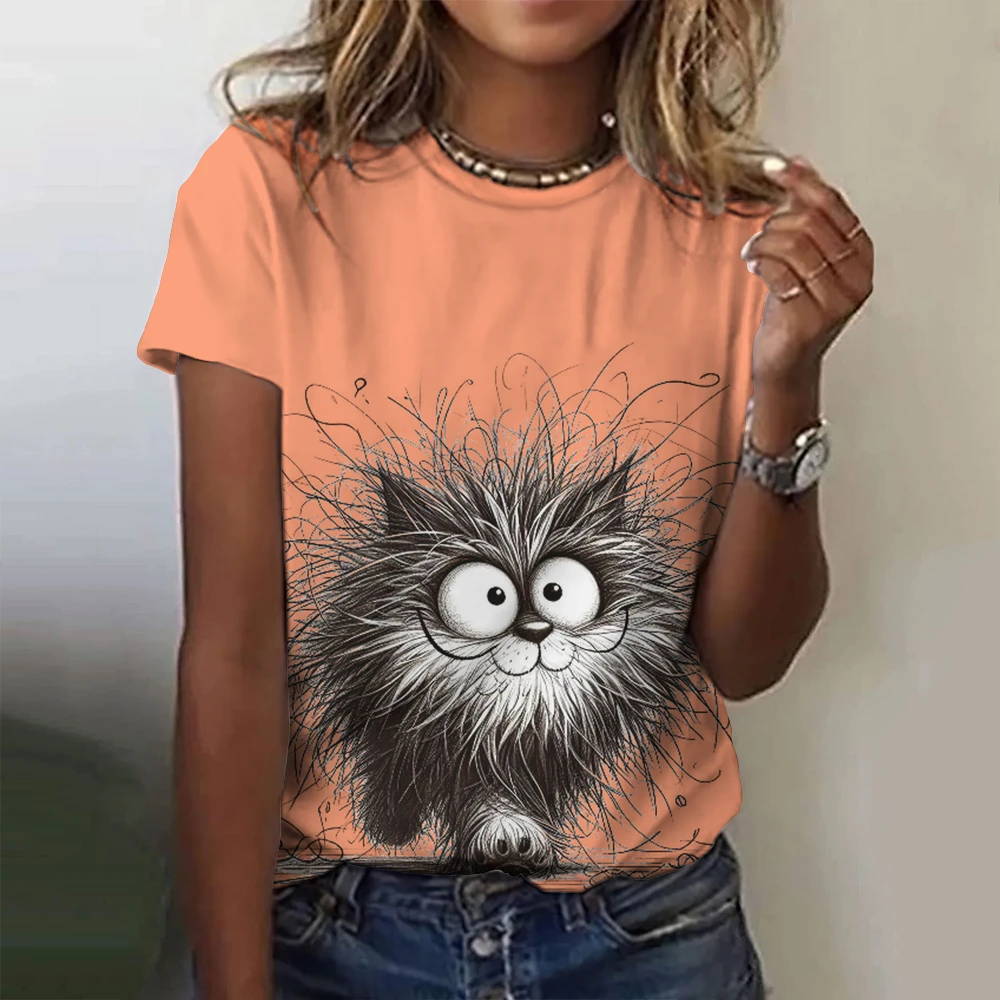 Women's T Shirt Cat Print Casual Short Sleeve 3d T-Shirts Fashion Streetwear Crew Neck Pullover Summer Female Oversized Clothing image 4