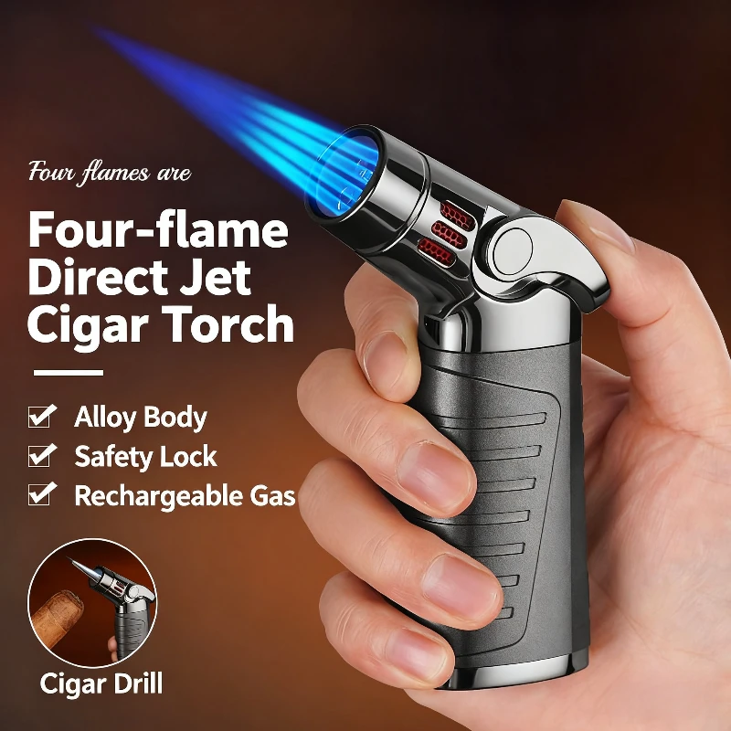 New Four Fire Direct Gas Lighter Outdoor Kitchen BBQ Cigar Windproof Spray Gun Portable Lighter