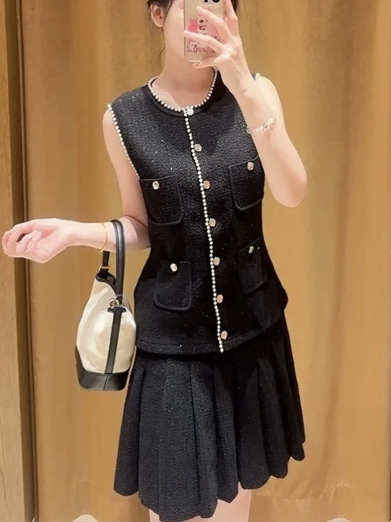 Elegant Sequin Sleeveless Knitted Vest Cardigan And Pleated Skirt Set High-End Version Euro Style Women's Fashion Ensemble