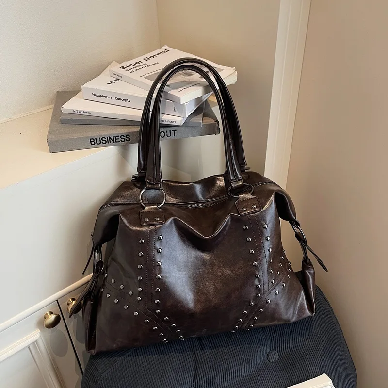 

2025 Autumn Vintage Studded Tote Bag, Spacious Shoulder Purse for Women, Minimalist Crossbody Tote, Casual Day-to-Night Bag