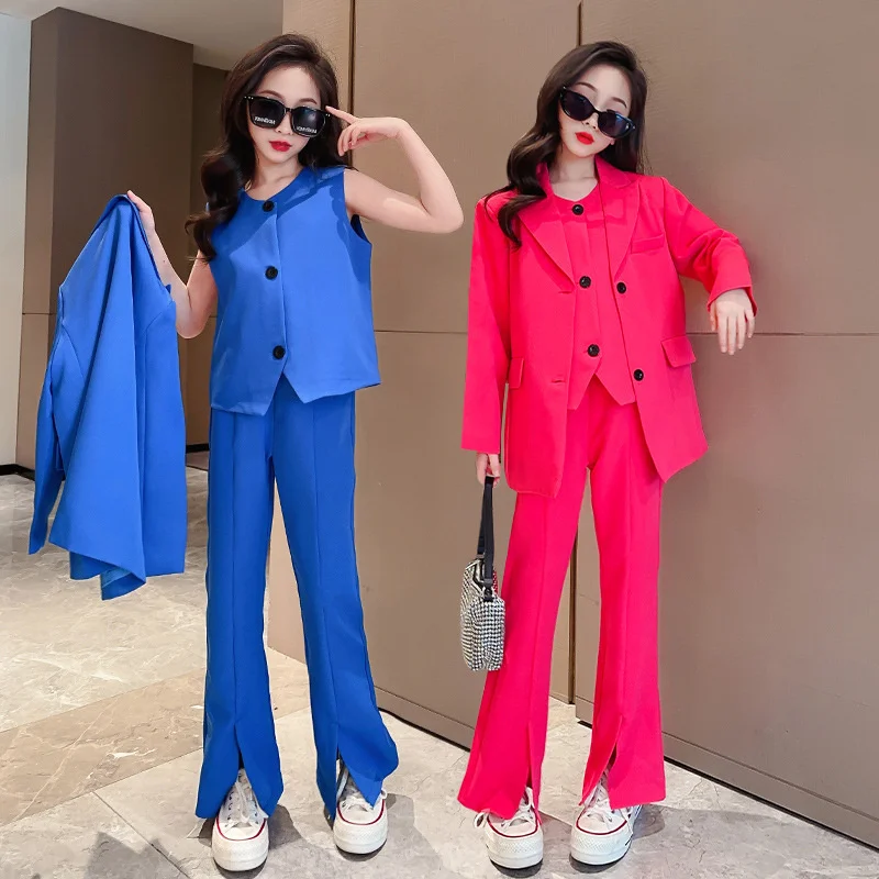 

Girls Coat +Pants Kids Suits 3PCS/Set Cotton 2024 Formal Spring Autumn Cotton Tracksuit Sport Suits Children Clothing