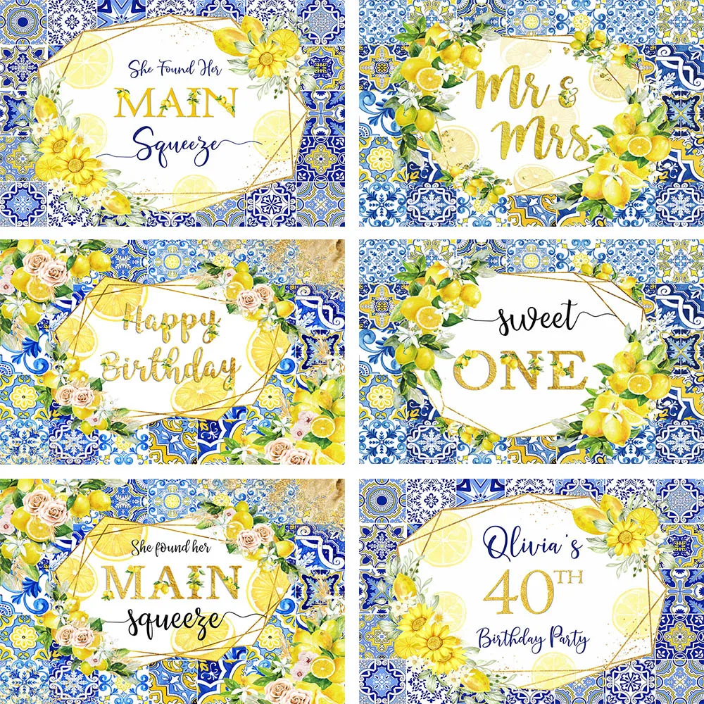 Mehofond Photography Background Blue Tile Floral Print Lemon Baby Shower Kids Birthday Party Wedding Decor Backdrop Photo Studio