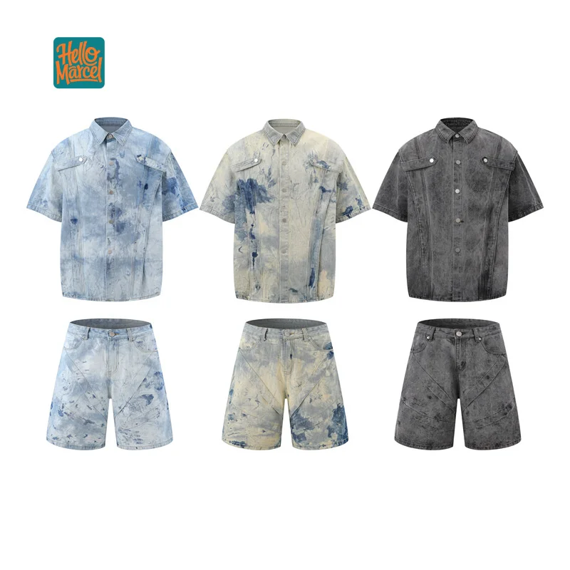 

MAQVOB Top Qualiy US EU Size Tie-Dye Washed Vintage Denim Short Sleeve Jacket Wide-Leg Shorts Set For Men Loose Fit Denim Suit