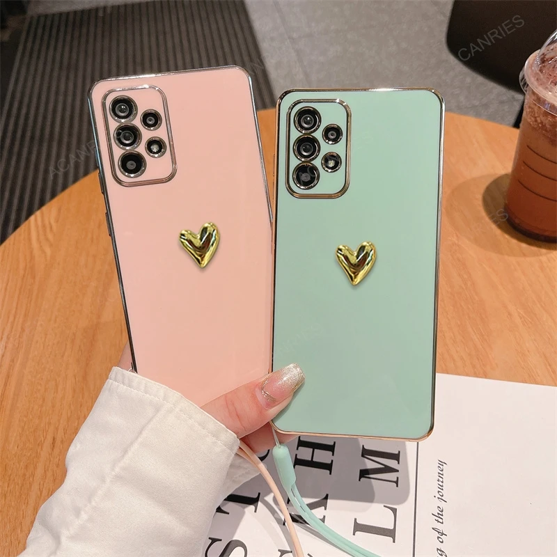 For Samsung Galaxy A32 4G 5G A52 A72 A73 A53 A33 A23 A13 A52s 3D Gold Heart Plating Silicone Soft Case A 32 52 72 73 53 13 Cover