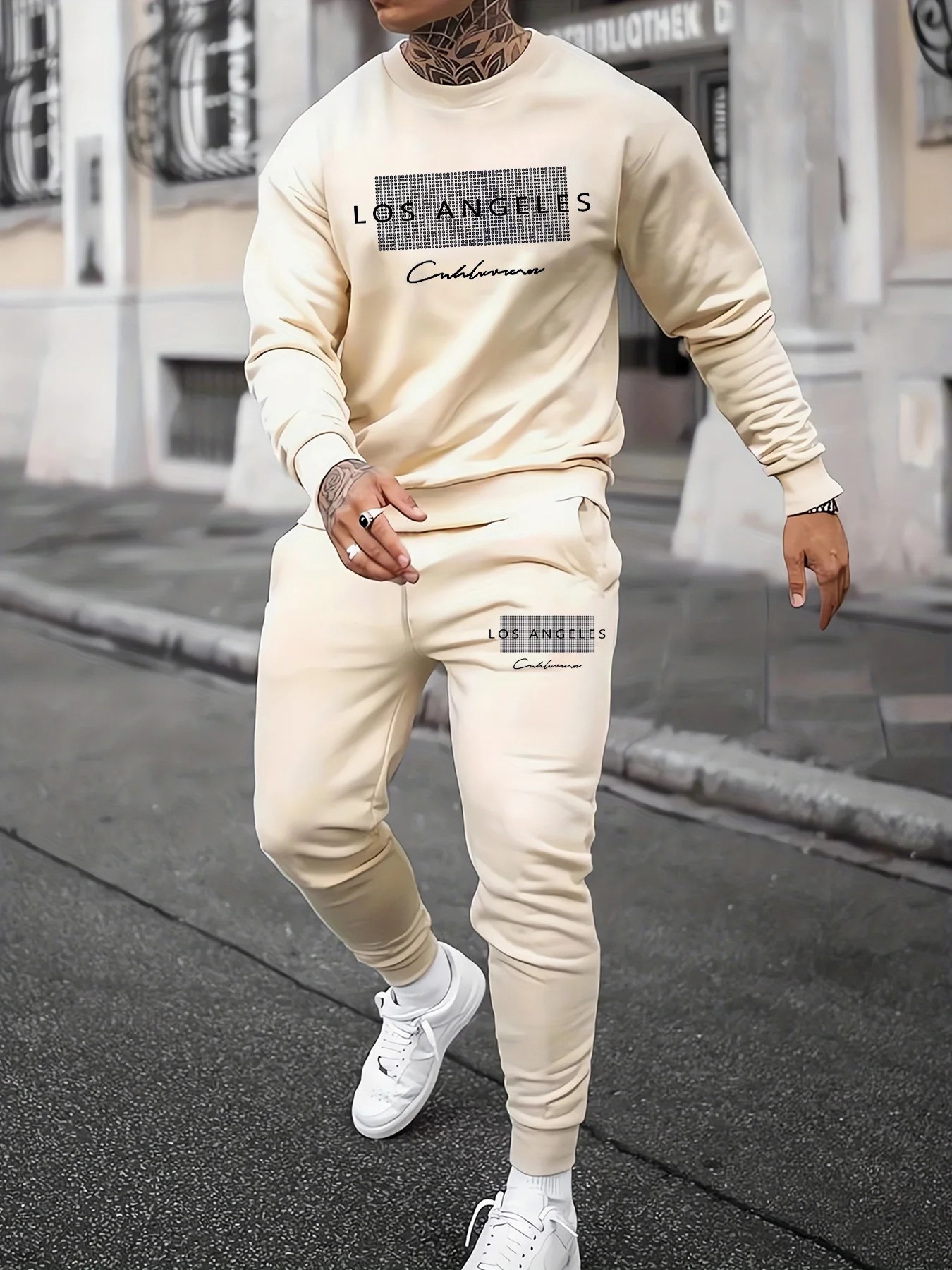 High Quality Men's Basic Casual Sports Warm Los Angeles Printed Pattern Loose and Comfortable Collar Sweatshirt+Sweatpants Set