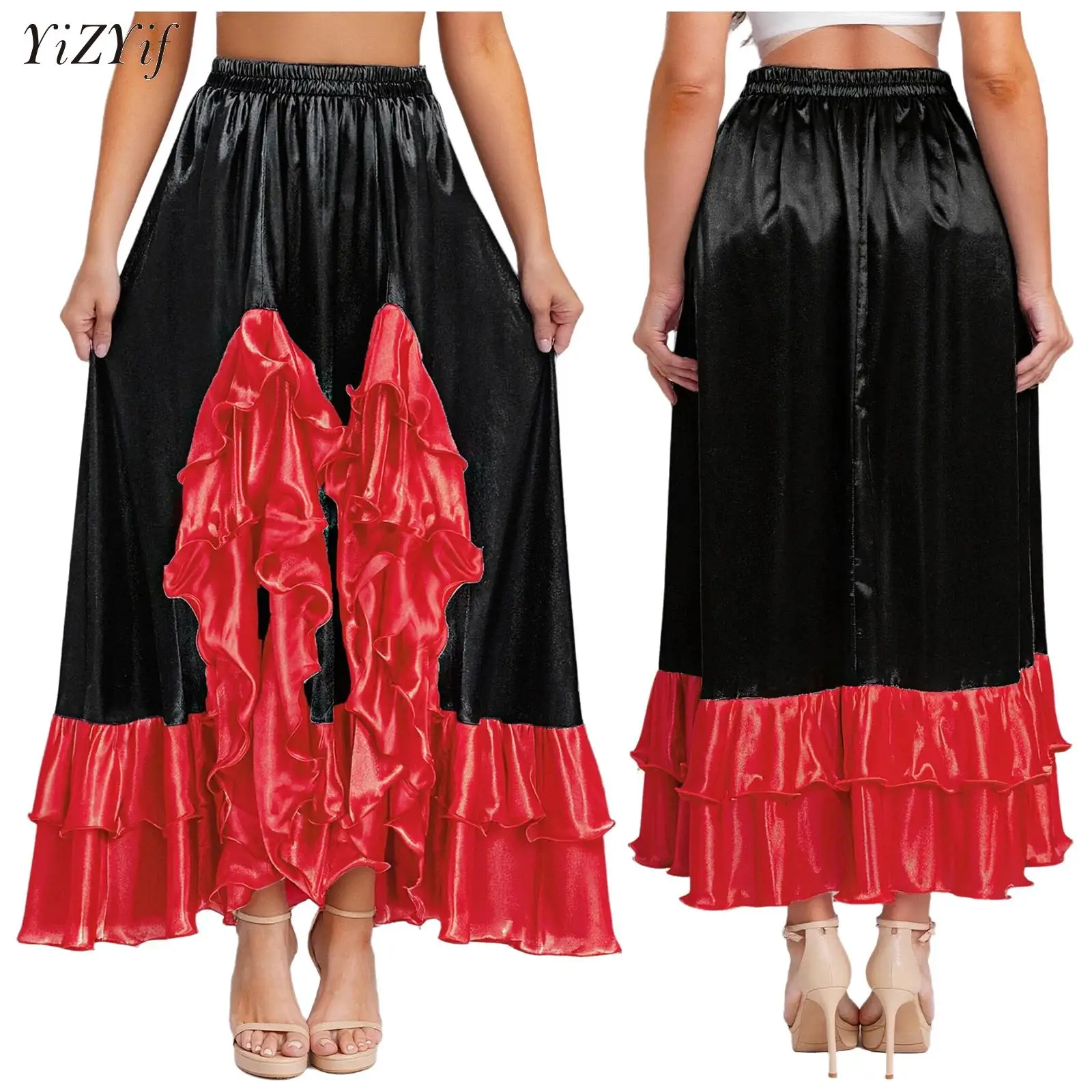 Falda de Flamenco española para mujer gitana, vestido de trajes de danza del vientre de salón de fiesta de Carnaval con volantes de Color contrastante