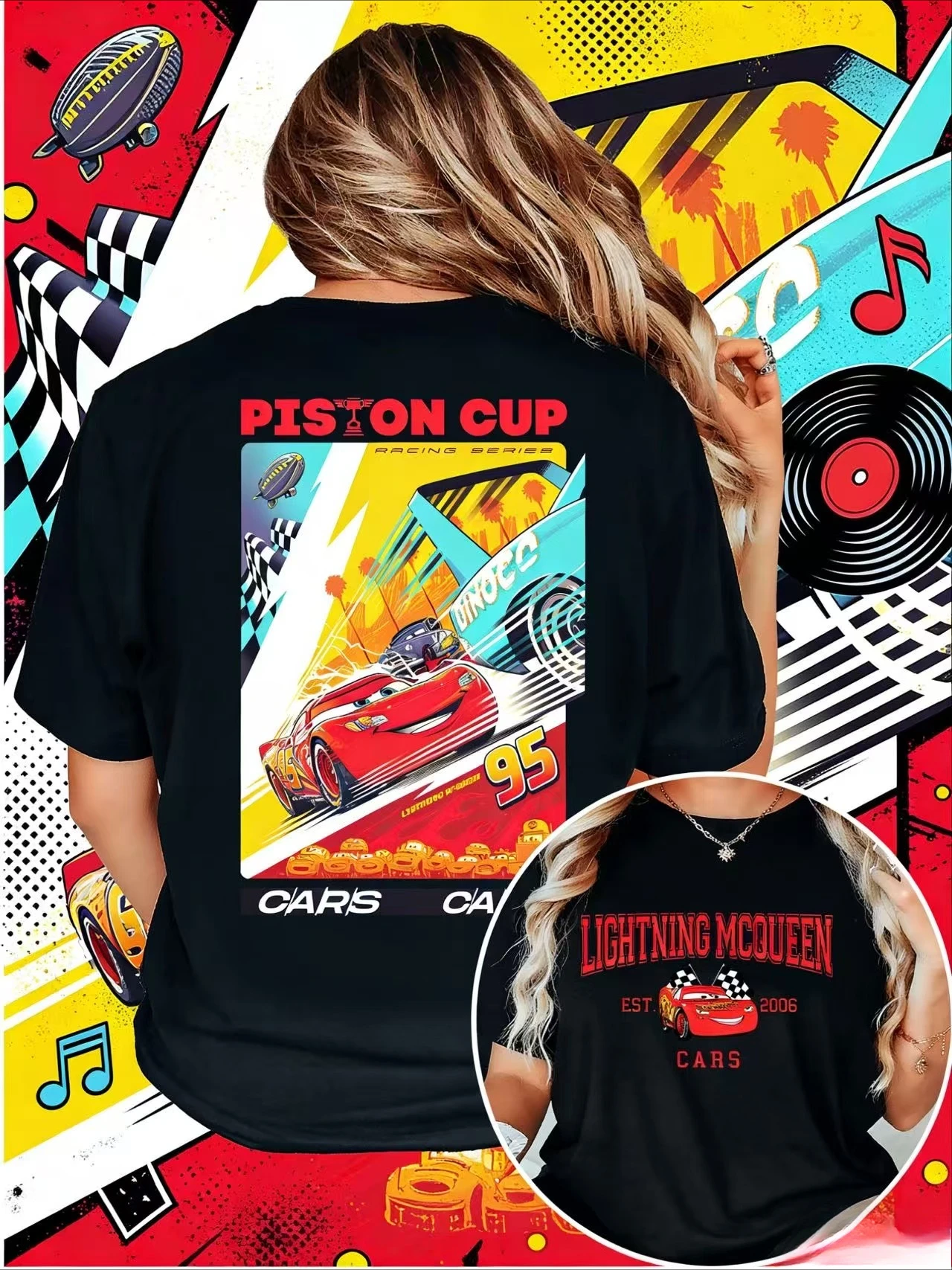 

Disney Car Lightning McQueen 95 100% Pure Cotton Printed Pattern T-shirt for Men and Women, Outdoor Casual Breathable Top