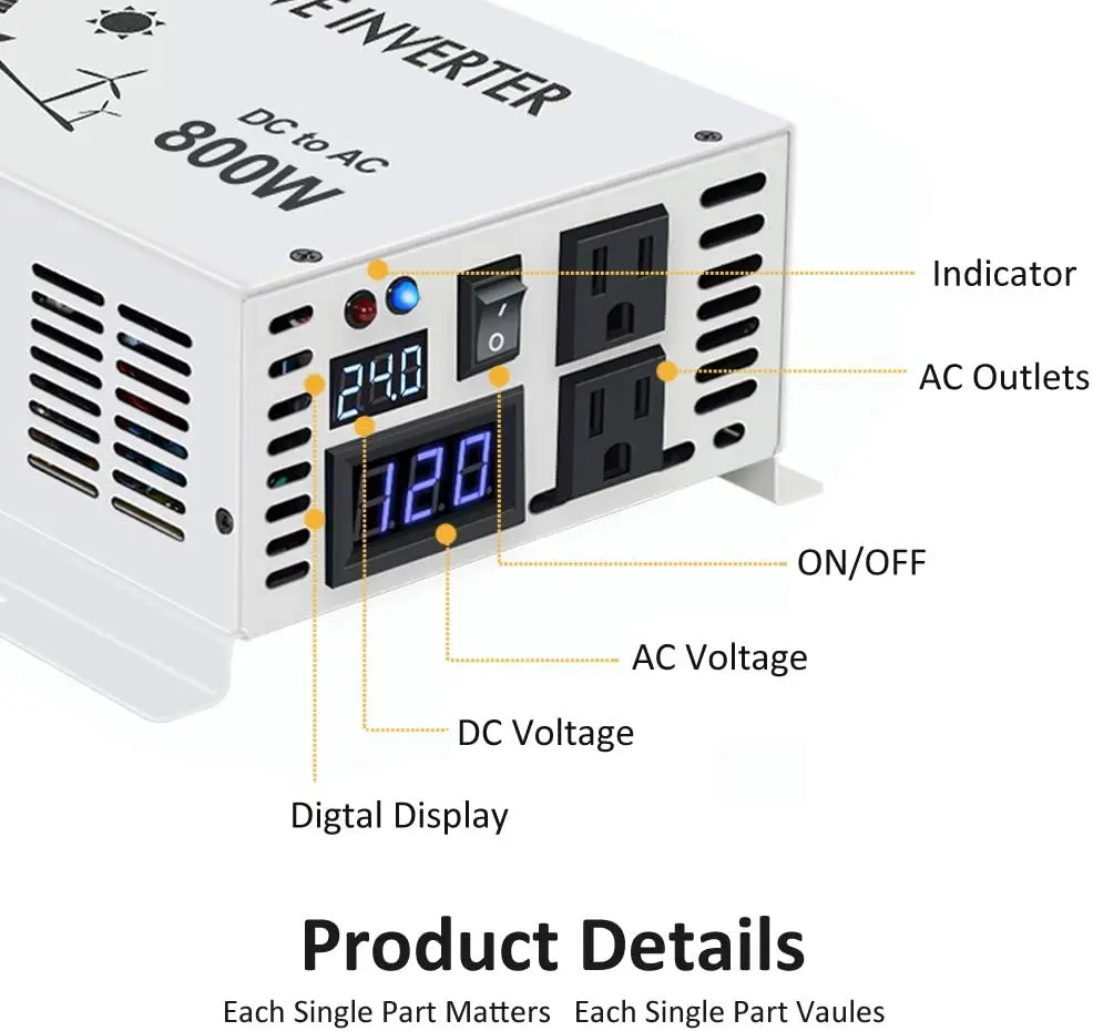 Imagem -05 - Onda Senoidal Pura Inversor de Energia Solar Conversor de Alimentação 24v 220v 800w 12v 48v dc para 100v 120v 230v 240v ca