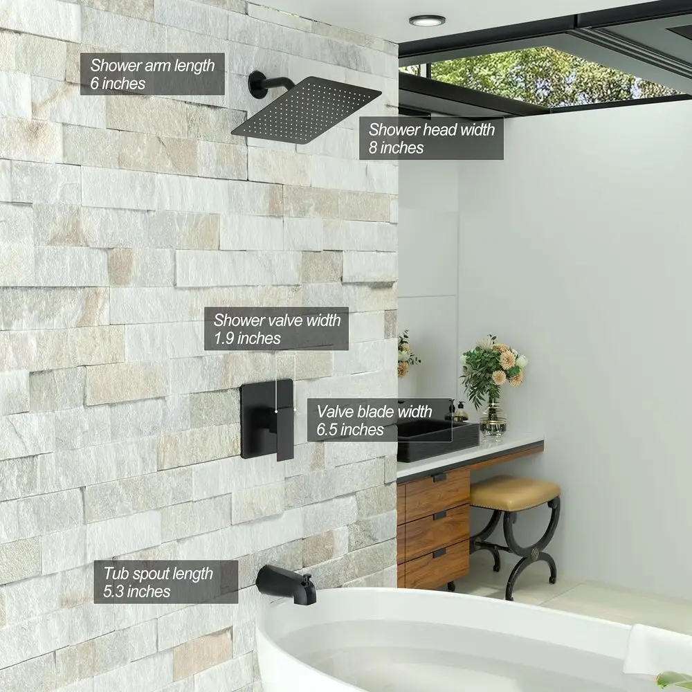 Conjunto de Chuveiro e Torneira Preto Fosco com Chuveiro de 8 Polegadas e Bico para Banheira, Conjunto de Alças e Kit de Acabamento
