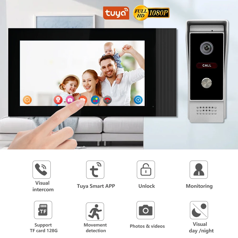 Tuya 7 Inch Video Wifi Intercom Tuya Smart Home video doorbell System 1080P Wide View Angle Wired Doorbell Camera Full Touch