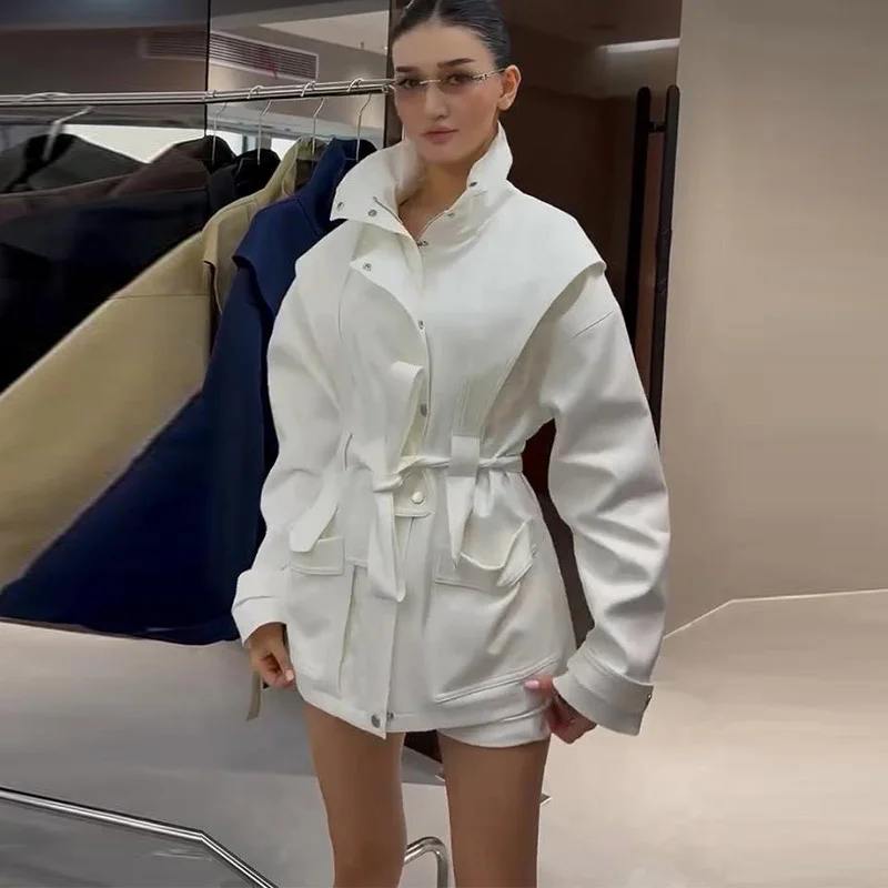 Damen-Windbreaker mit Revers und Schnürung, einreihiger Trenchcoat für Frühling und Herbst, langärmelige, schmale Jacke, neue Oberbekleidung – Detail 6