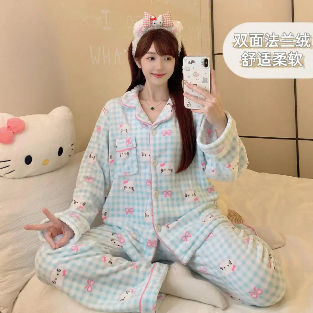 

Sanrio Anime Hello Kitty Plush Long Sleeves Pants Kawaii Women Flannel Pajamas Set Cartoon Autumn Girls Student Home Clothing