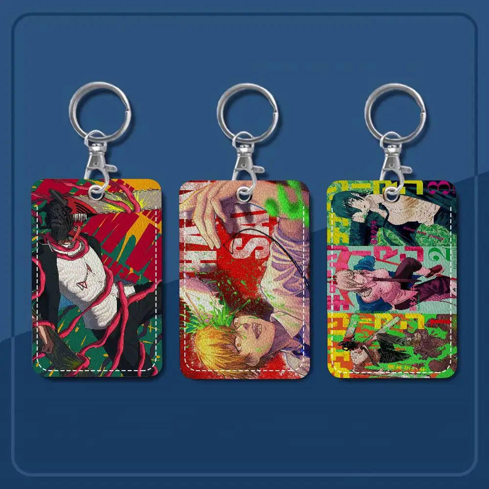 Anime Chainsaw Man Rectangle ID Card Case Keychain Access Card Bag Key Tag Ring Leather Card Holder Key Ring Access