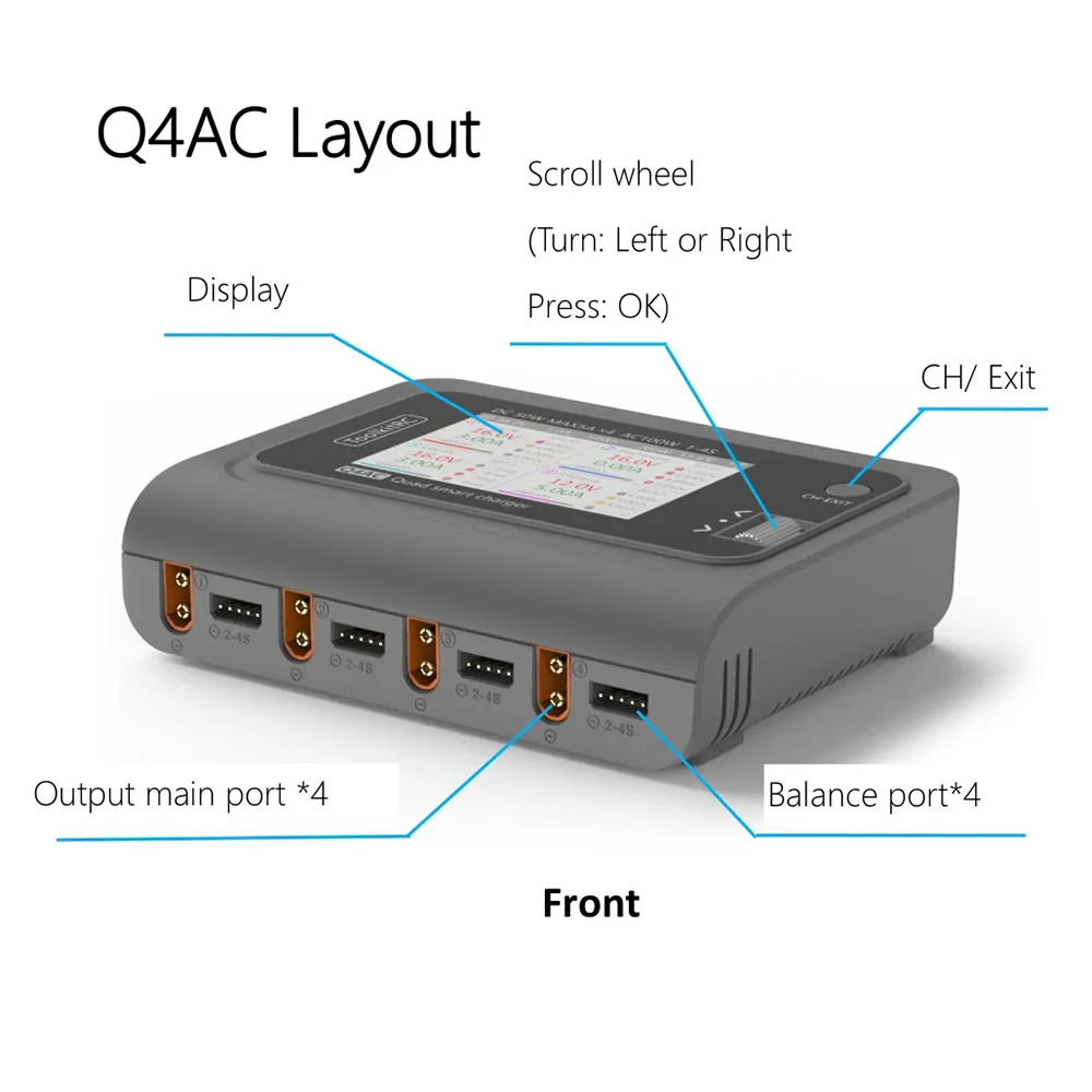 ToolkitRC Q4AC charger XT60 Adapters IPS Bright With Clear Wide Angle Display 4x50w 5A AC 100W 4 Port DC Smart Discharger AC DC