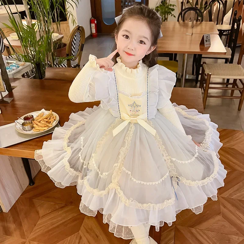 Spring Autumn Children Girl Dress Cartoon Patchwork Bow Toddler Baby Girl Sweater Dress Double Tulle Long Sleeve Kids Girl Dress