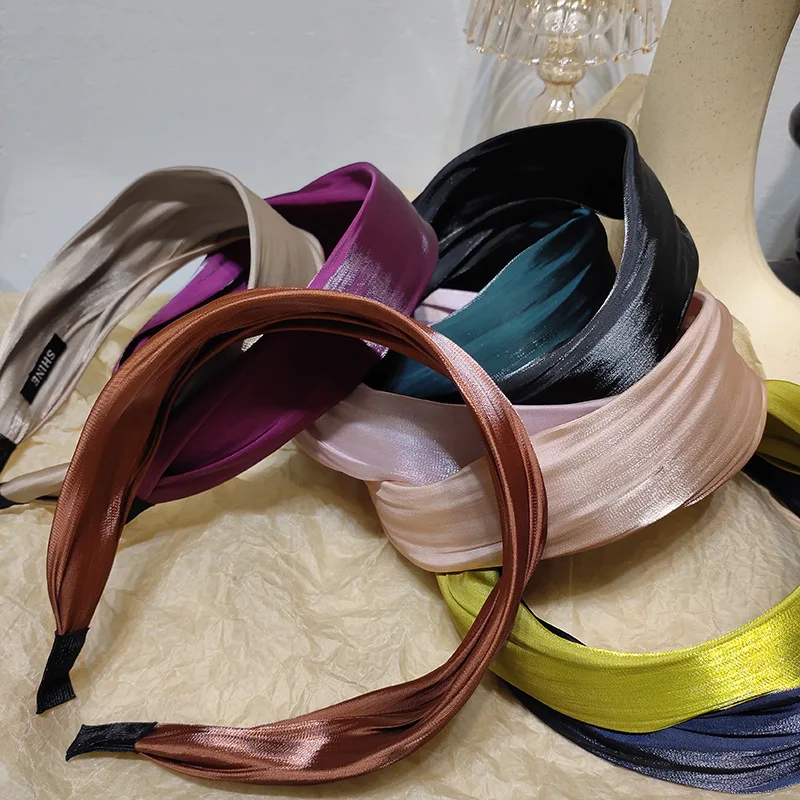 Vintage Flow Bright Satin Hair Hoop Headdress for Women Fashion Elegant Temperament Colorful Wide Headband Hair Accessories