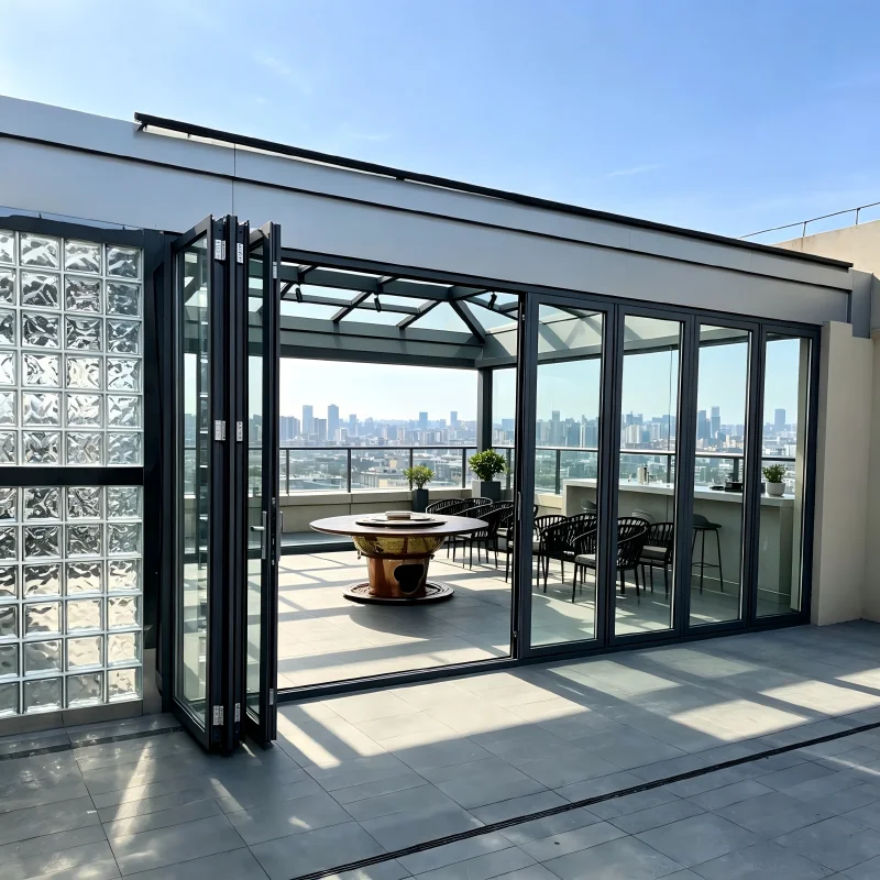 Modern Aluminum Glass Multi-Panel Folding Door, Space-Saving Accordion Sliding Door for Villa Balcony Living Room Courtyard