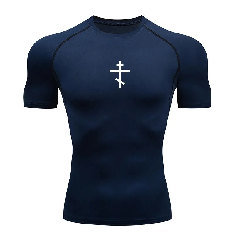 Cross Print Compression Shirt for Men Christian Athletic Tshirt Tees Tops Gym Workout Fitness Running Baselayers Undershirts