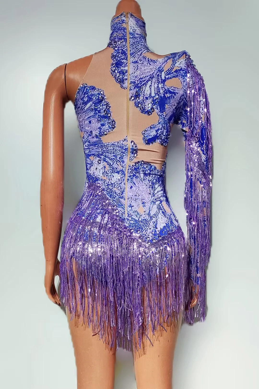 سباركلي حجر الراين الترتر شرابة كم واحد ارتداءها النساء الرقص مرحلة الأداء حفلة ارتداء بار مثير النساء الزي duxiu