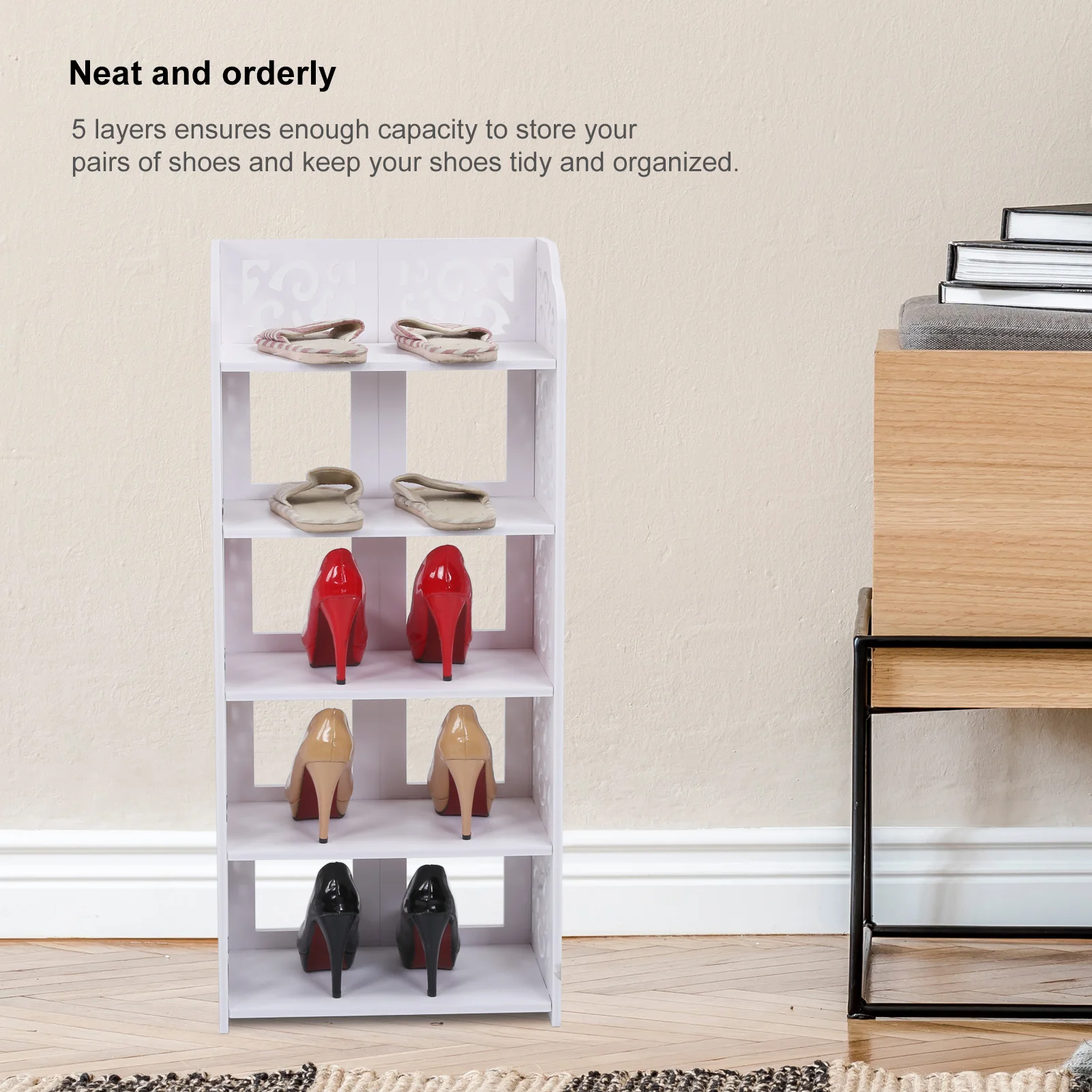 5 Tiers White Hollow Out Shoe Rack Stand Storage Organiser Shelf