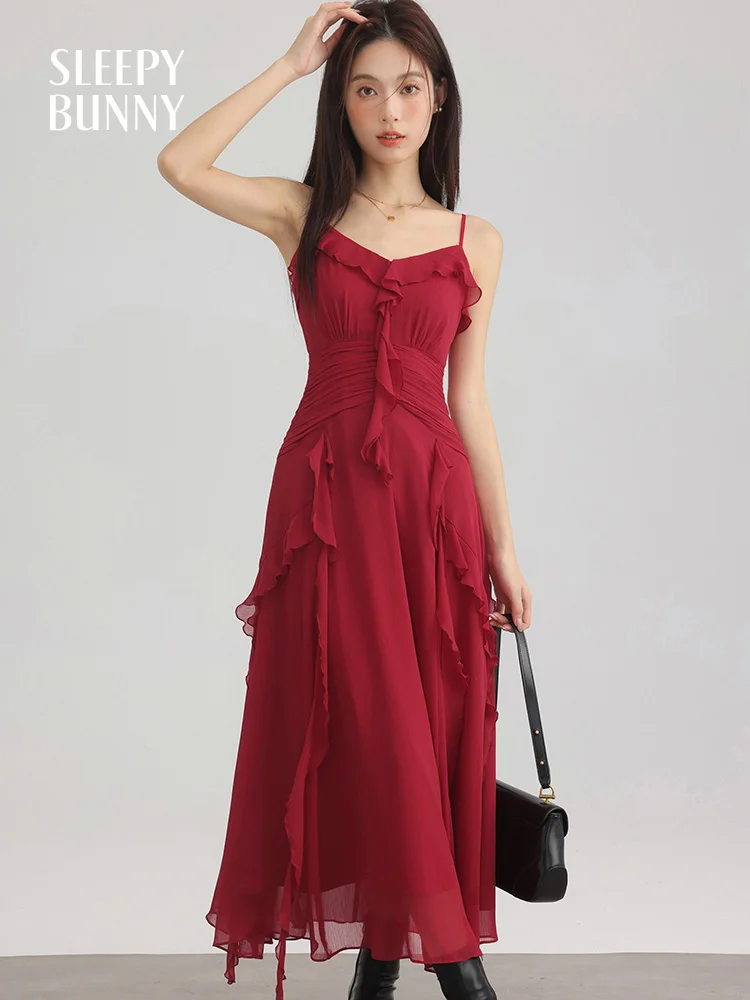 

Women French Style Chiffon Strap Dress Spring Waist Cinching Asymmetrical Flowing Design Elegant Long Dress with Ruffle Detail