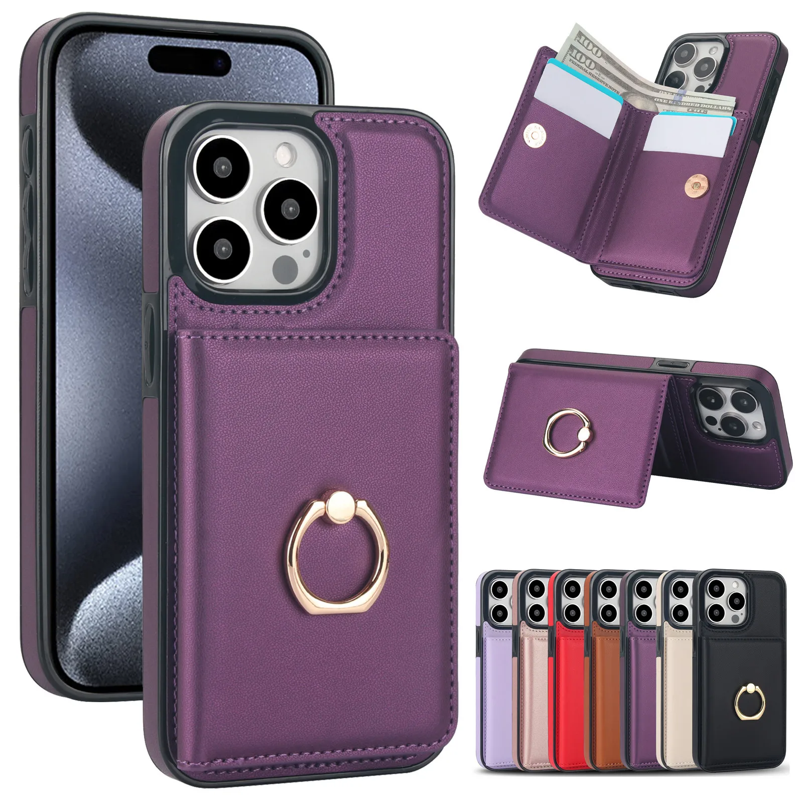 Applicable for iPhone 15 anti-drop phone case, Apple 17 Pro Max large wallet finger ring buckle artificial leather cover 16 Plus