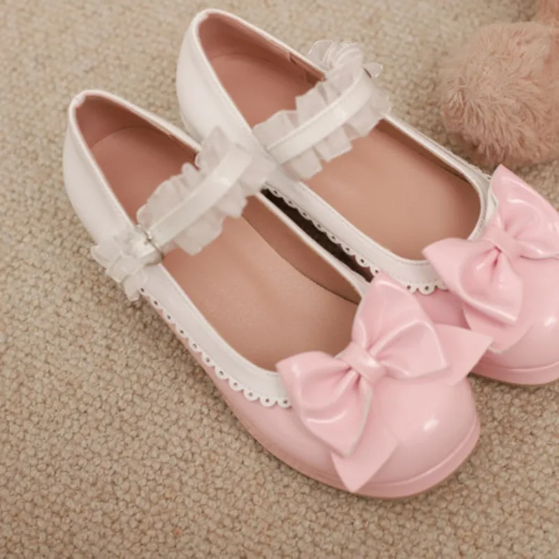 

2025 Women High Heels Cross Strap Mary Jane Pumps Party Wedding White Pink Black Ruffles Bow Princess Cosplay Lolita Shoes 31-43