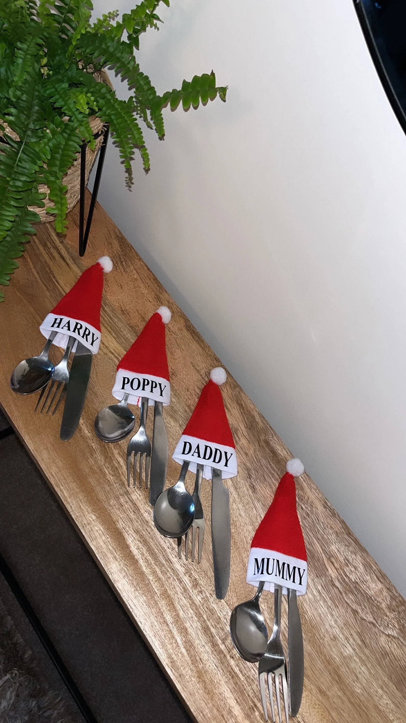 Personalised Santa hat cutlery holders, Christmas table place settings, Santa table names, Xmas table decorations