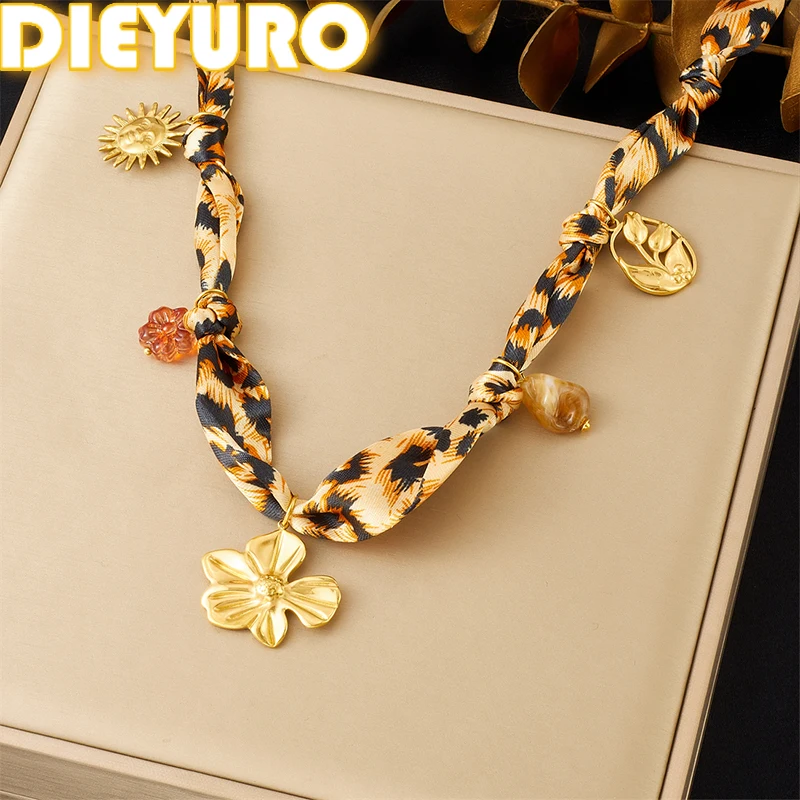 

DIEYURO 316L Stainless Steel Golden Flower Sun Pendant Leopard Print Pattern Ribbon Necklace Lady Waterproof Neck Chain Jewelry