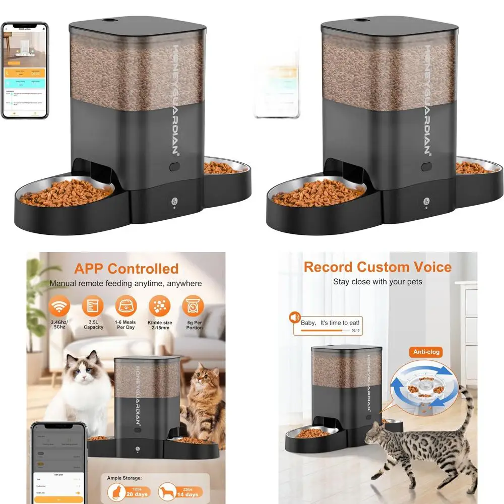 

Умная кормушка для животных 5G с миской из нержавеющей стали, управлением через приложение, двойным питанием, пакетом-осушителем, вместимостью на 10 порций, черная