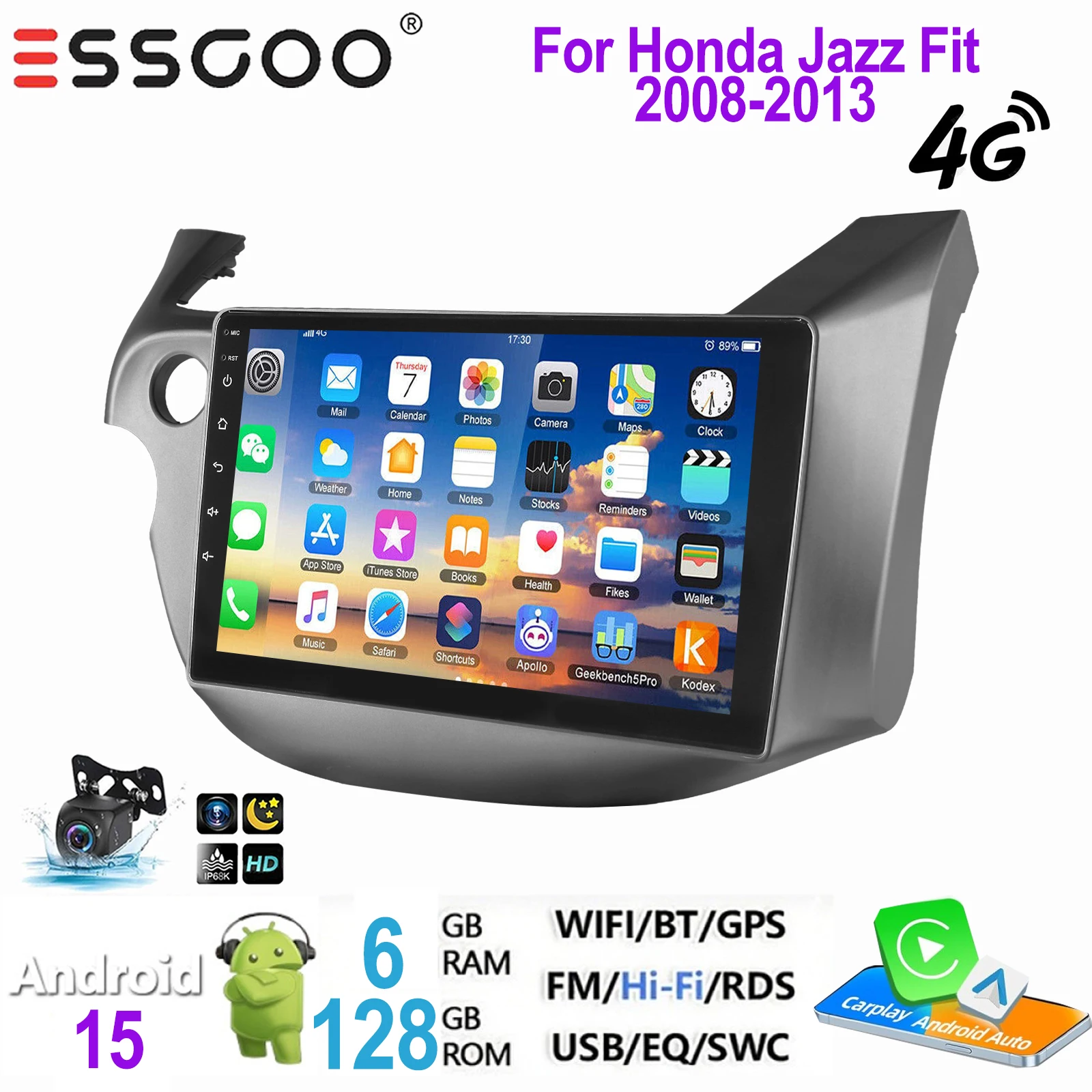ESSGOO 2 DIN autoradio voor Honda Jazz Fit 2008-2013 Android 15 met draadloze Carplay, Android Auto, GPS, NAVI, WIFI, SWC, RDS, FM, ASP