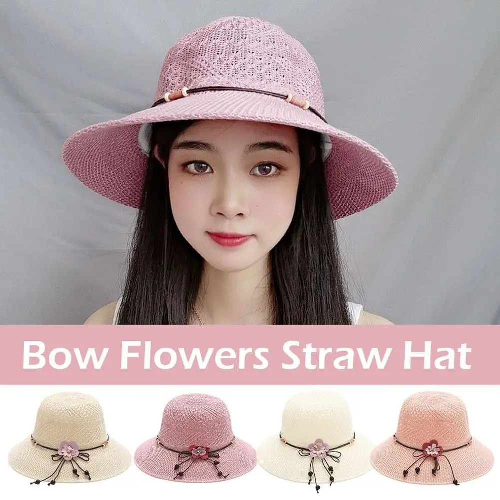 Summer Women Bow Flowers Straw Hat Outdoor Screen Cap Bucket Casual Collapsible Hat Beach W4w1