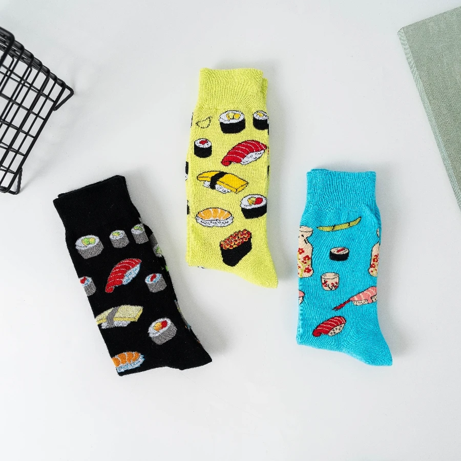 3 Pairs of New Sushi Pattern Men\'s Couple Cotton Socks Fashion Trend Tube Socks