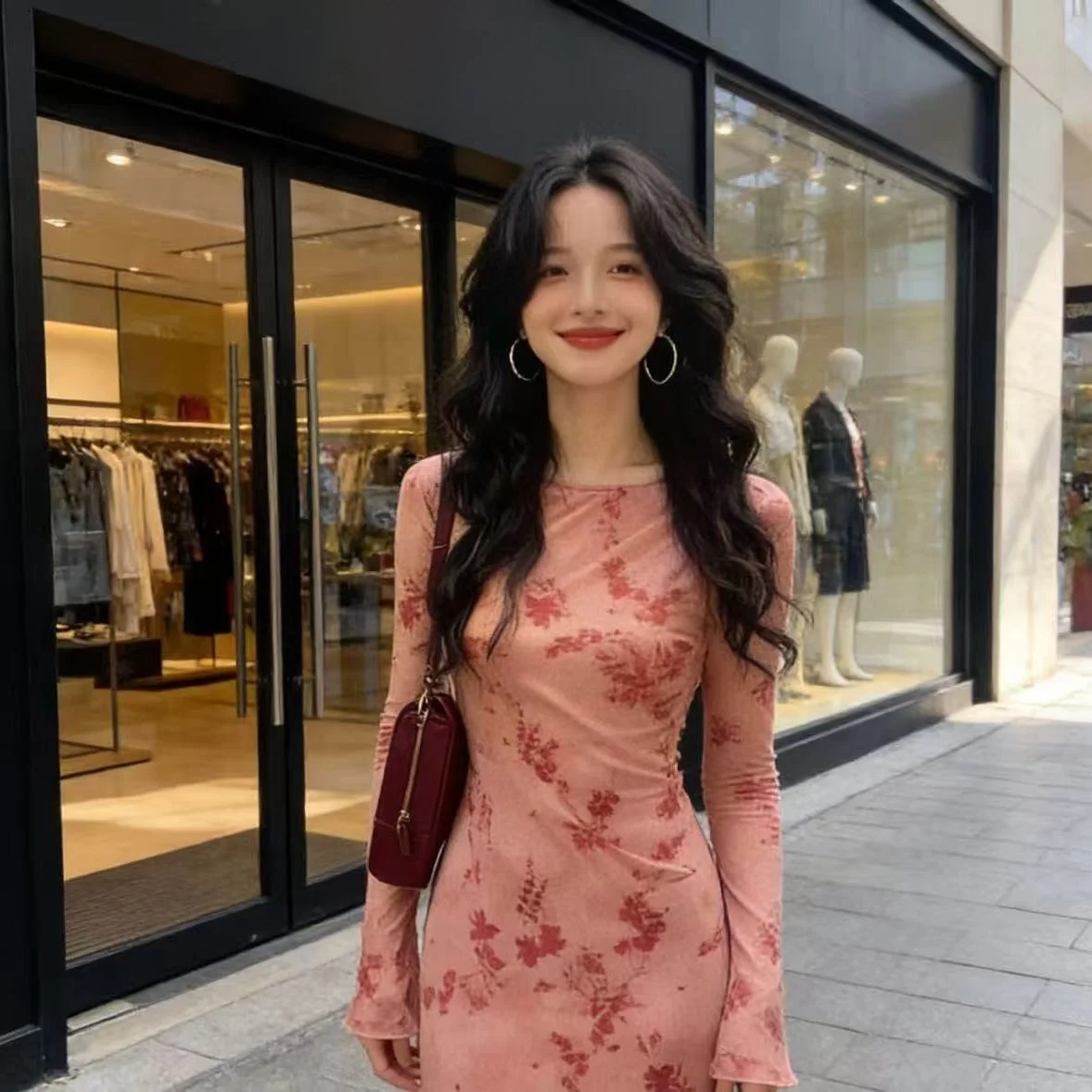 Retro Hong Kong Style Floral Lace Dress Early Autumn New Dyed Waist Cinching Strap Long Dress Two-Piece Elegant Set A-Line Skirt