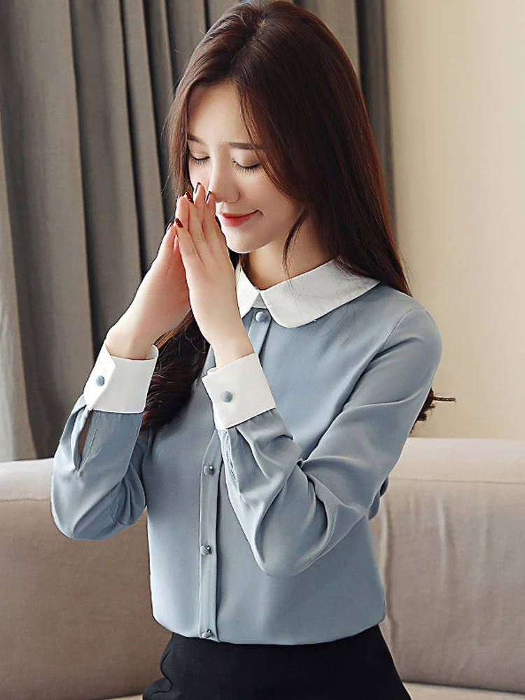 

Женская модная повседневная блузка из шифона с длинным рукавом и воротником, базовый слой для весны и осени