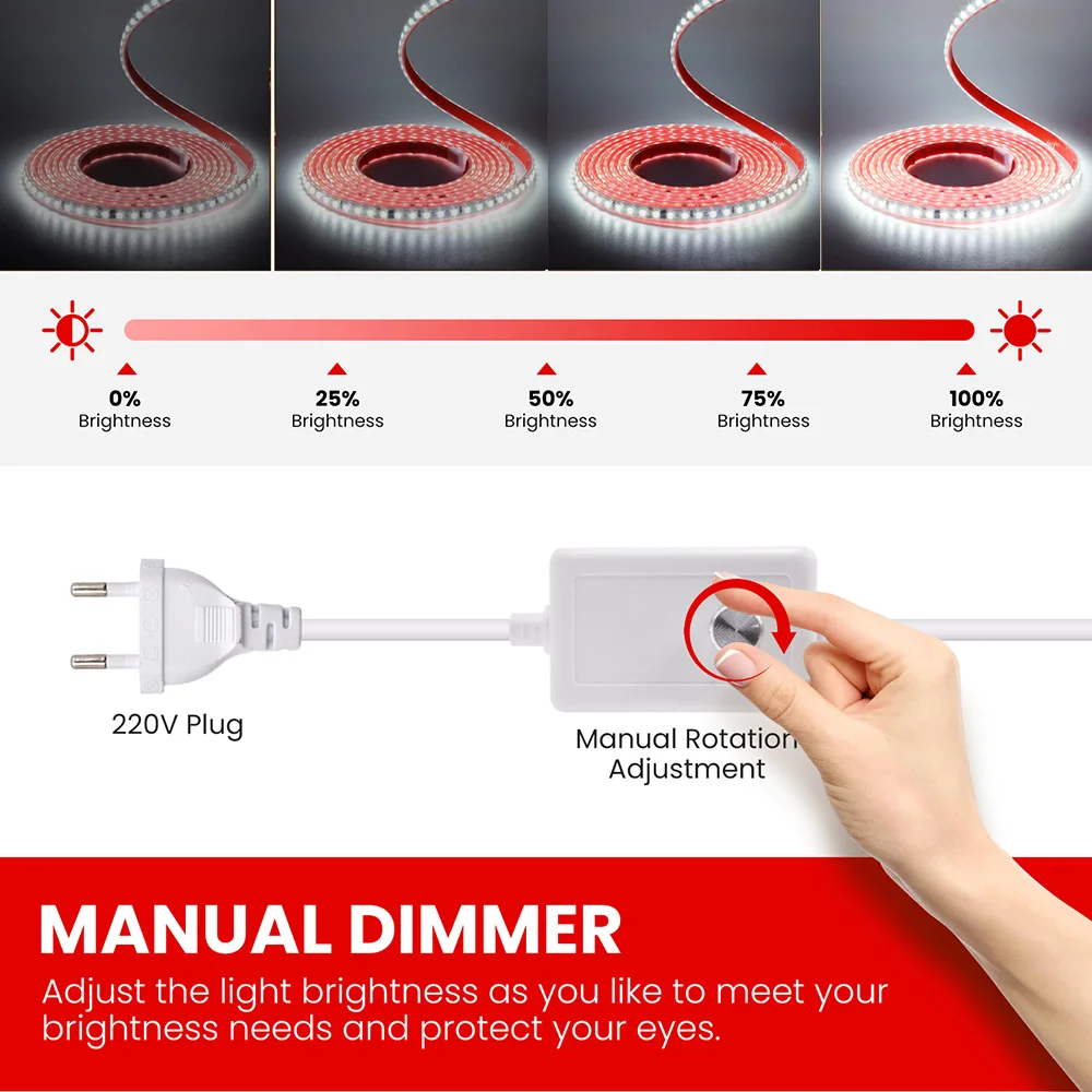 Imagem -04 - Dimmable Led Strip Light eu Power Kit ic 2835 Iluminação de Alto Brilho Fita Diodo Flexível Impermeável 220v 120 Leds por m