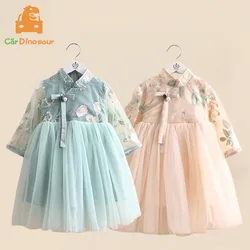 2025 Spring Autumn 3 4 6 8 10 12 Years Embroidery Traditional Chinese Style Ethnic Tang Mesh Cheongsam Dress For Kids Baby Girl