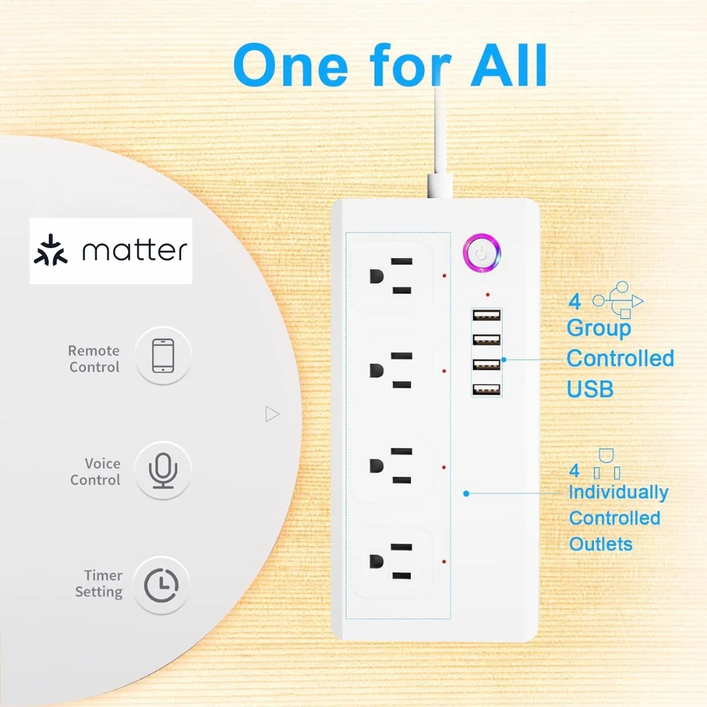 Matter smart power board, APP voice control, 4 USB-A, 5-feet power cord, French standard plug, suitable for home office white