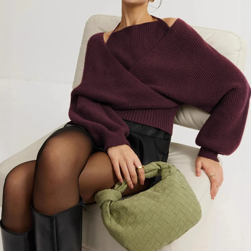 

Women Sweater Autumn Winter Halter Spliced Halter Batwing Long Sleeve Pullover Top Female Winter Knitted Jumper Hole Hollow Y2K